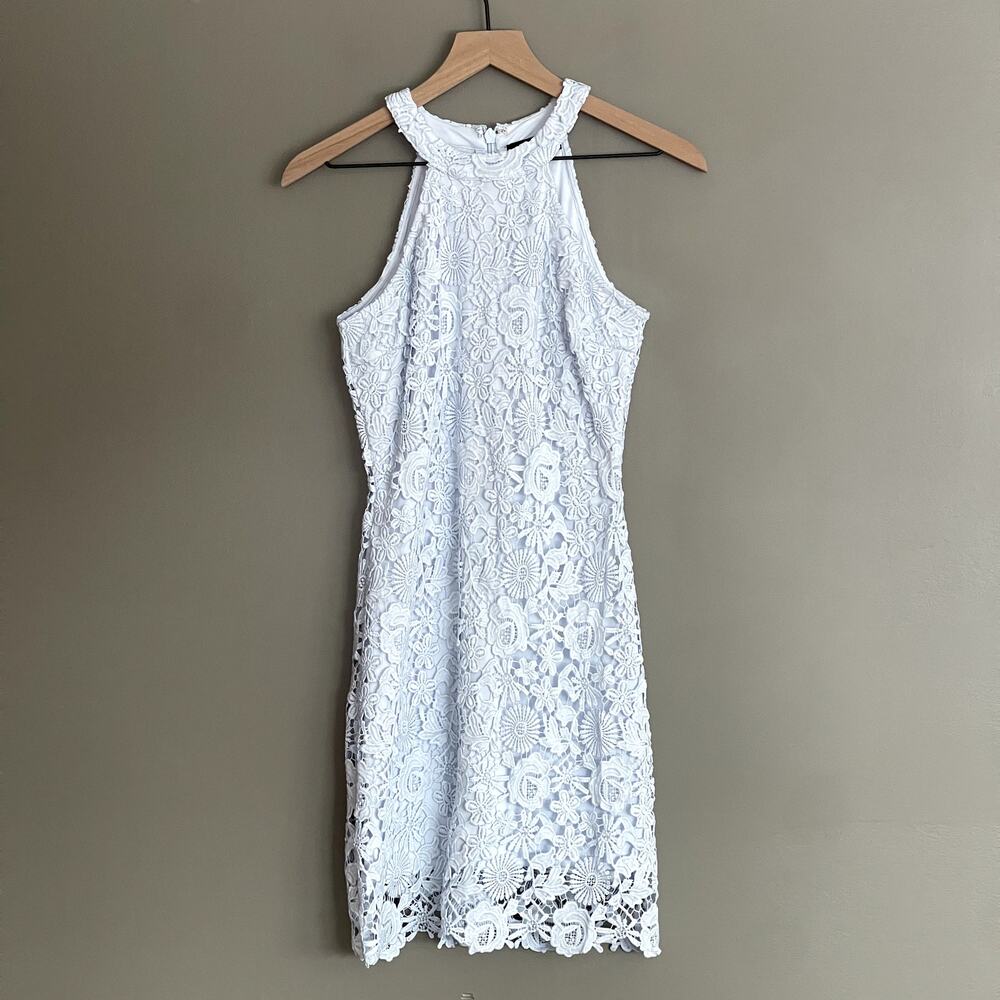 Lulu's Love Poem Light Blue Lace Mini Dress Size Small Halter Crochet Cocktail‎ - Picture 6 of 16